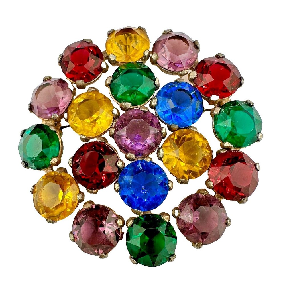 Vintage Czech Brooch Pendant Multicolor Open Back Fruit Salad Antiqued Gold Tone